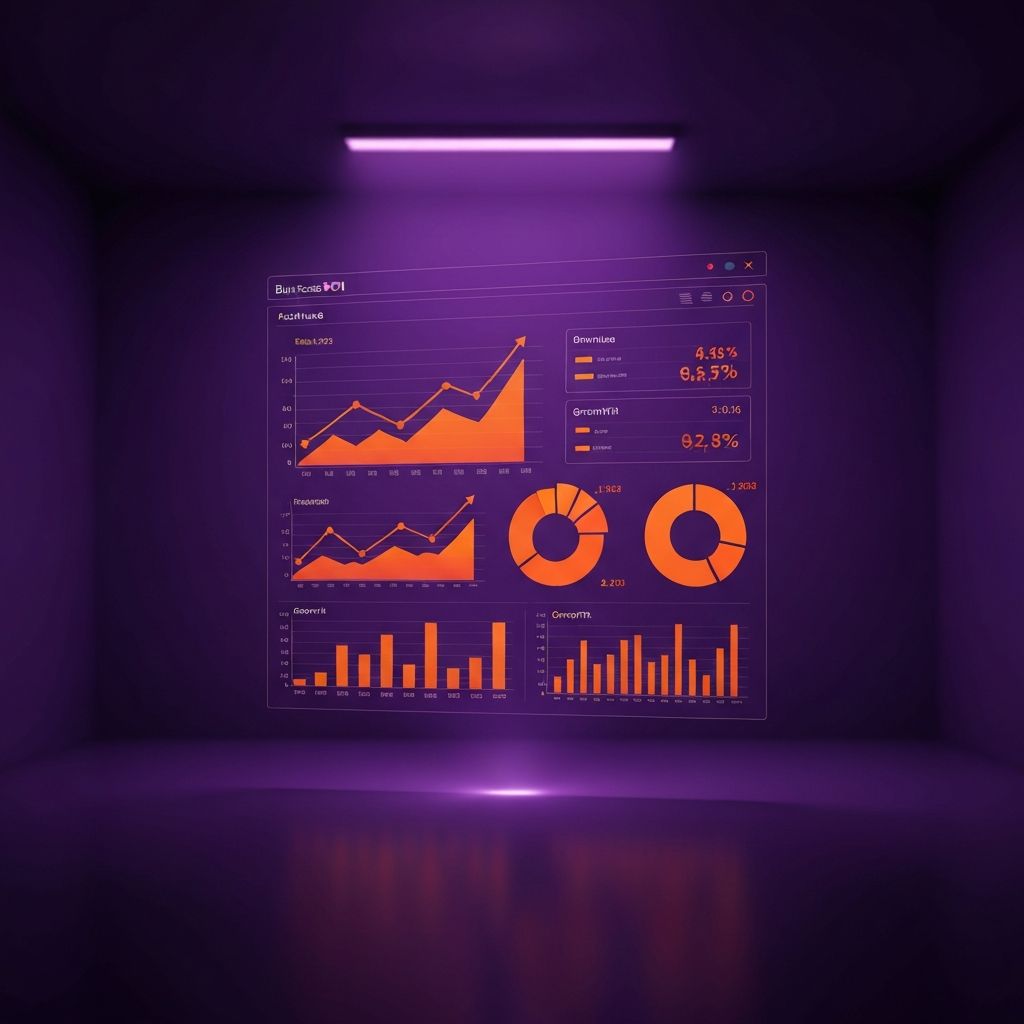 Holographic business ROI analytics dashboard with growth metrics